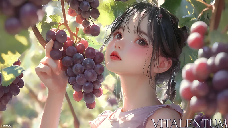 Digital painting portrait in luminous vineyard grape canopy.