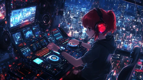 Cyberpunk DJ controls luminous cityscape from neon cockpit