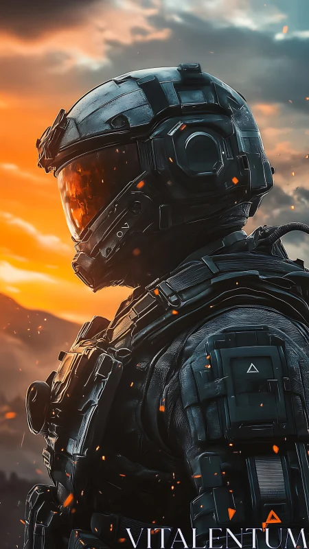 Armored space soldier silhouetted in blazing sunset glow.