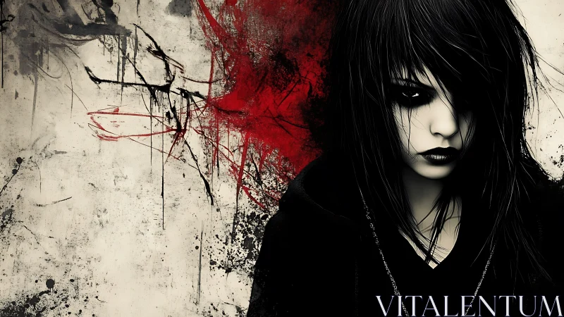 Gothic girl framed by chaotic red and black splashes.