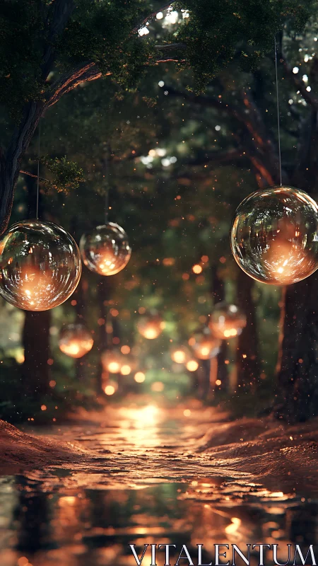 Glowing glass orbs hang above wet forest path at dusk