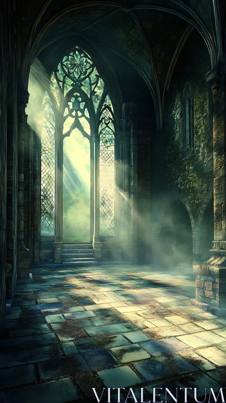 Sunlit gothic hall with arched windows and stone floor.