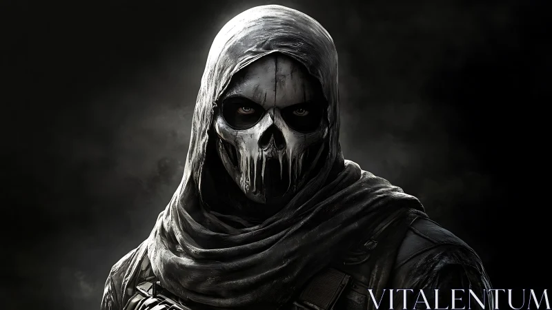 Hooded skull-masked operative rendered with high-contrast digital lighting