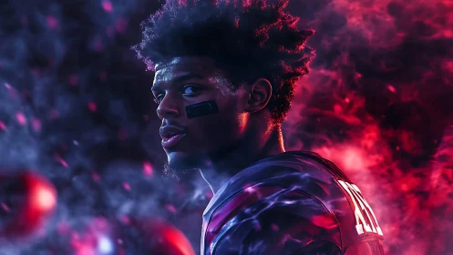 Gridiron portrait of football player in colored smoke field.