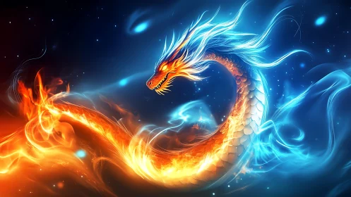 Bifurcated fire‑and‑plasma dragon arcs through nebular starfield