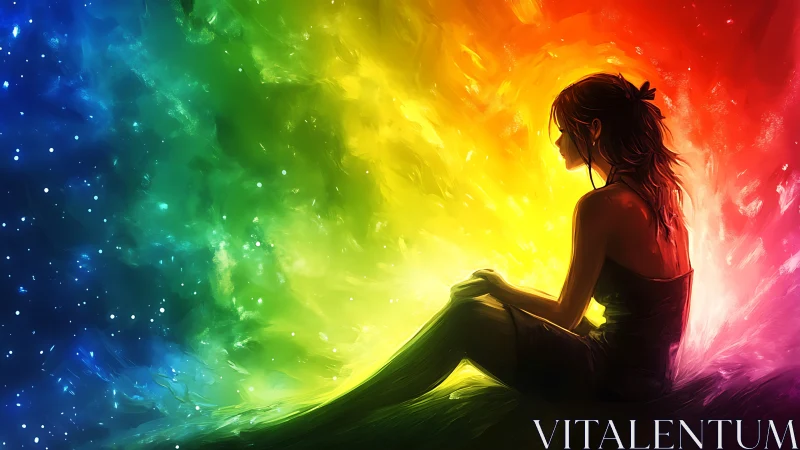 Solitary dreamer adrift in a swirling rainbow cosmos.