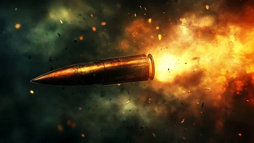 High-velocity bullet cuts through fire, sparks, and smoke.