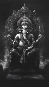 Majestic Ganesha enthroned in shadowed divine radiance.