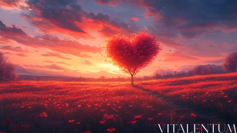Heart-Shaped Tree in a Red Flower Field at Sunset.