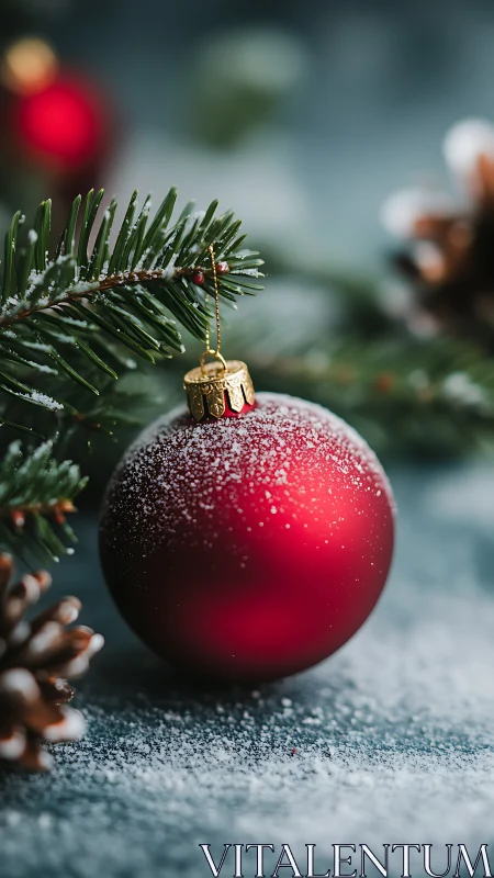 Cozy red Christmas ornament dusted with gentle winter snow.