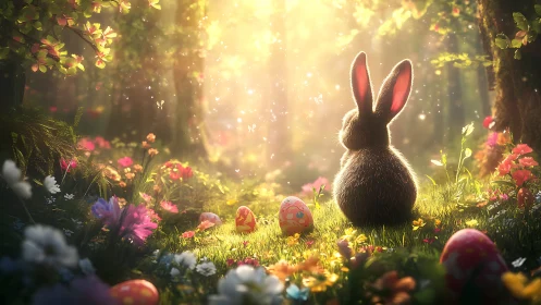 Digital woodland vignette with rabbit and luminous eggs.