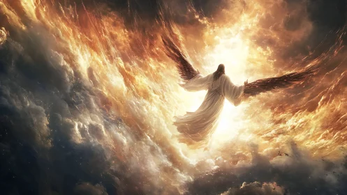 Winged robed figure ascends through blazing storm clouds.