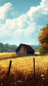 Old wooden barn stands in golden field under vast clouds