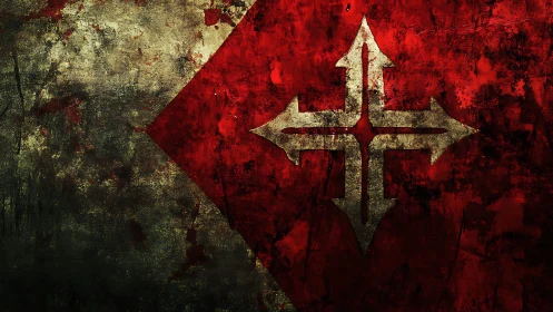 Grunge cross emblem overlays on textured red and gray field