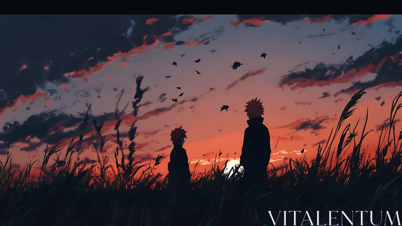 Silhouetted figures observe a vivid red dusk sky in anime style