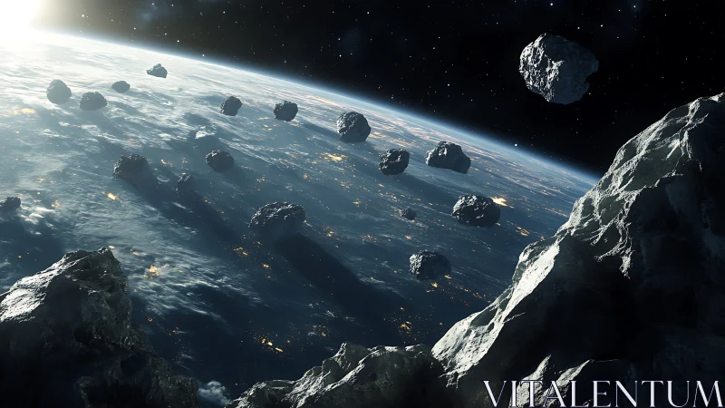 Asteroid field passing over the sunlit curve of Earth.