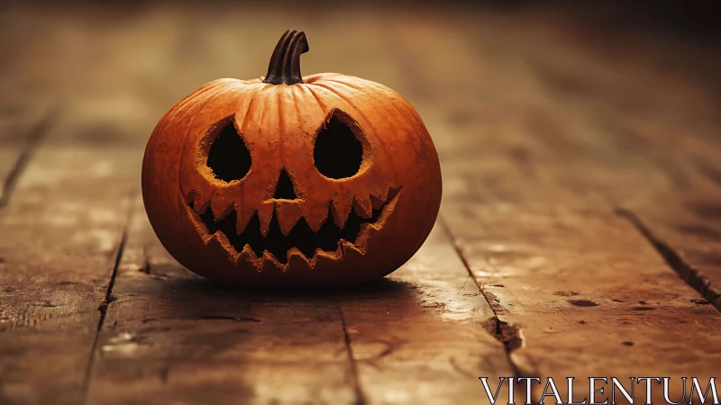 Grinning carved jack o lantern on worn wooden floorboards.
