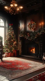 Cozy Christmas parlor glowing with tree lights and fire.