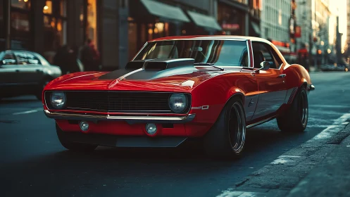 Red vintage muscle car parked on urban street at dusk.