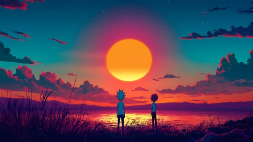 Cel-shaded sunset landscape frames two silhouetted observers