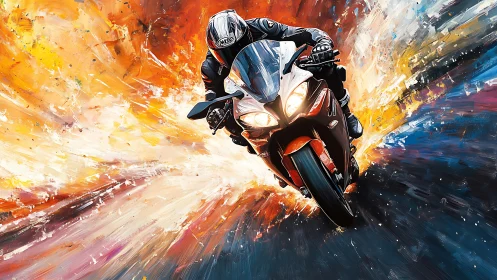 Motorcycle rider carving through a storm of blazing color.