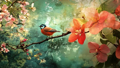 Songbird on flowering branch against textured teal bokeh field