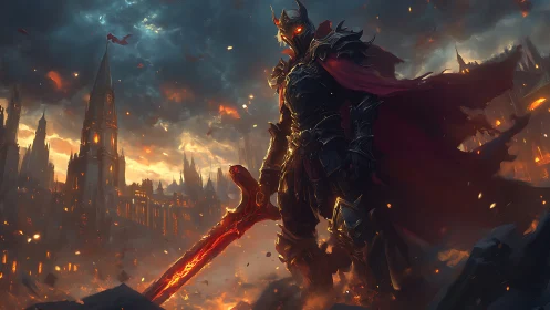 Dark knight stands guard over a burning fantasy city.