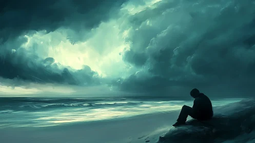 Solitary figure beside storm-lit ocean under brooding sky.