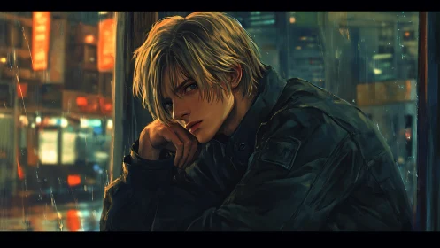 Blond male subject sits by rainy city window at night