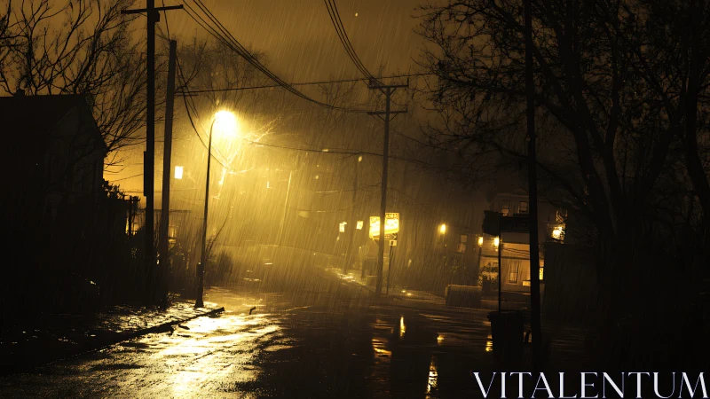 Sodium streetlights drowning a rainy midnight neighborhood.
