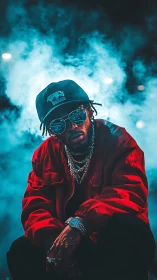 Neon cyan smoke portrait of streetwear artist in red jacket