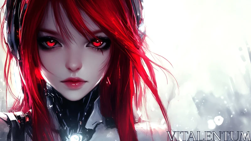 Red haired cyber girl with glowing mechanical eyes. Period.