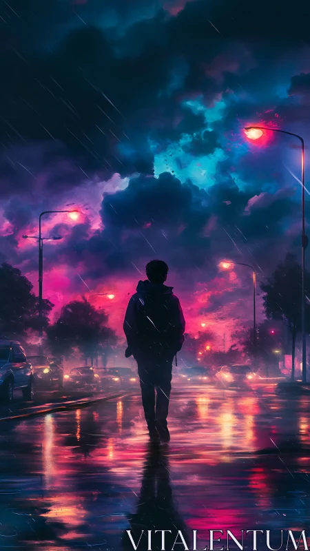 Silhouette walking in neon lit rainy city street at dusk