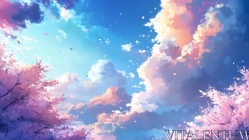 Digital sky with layered clouds and pink flowering trees.