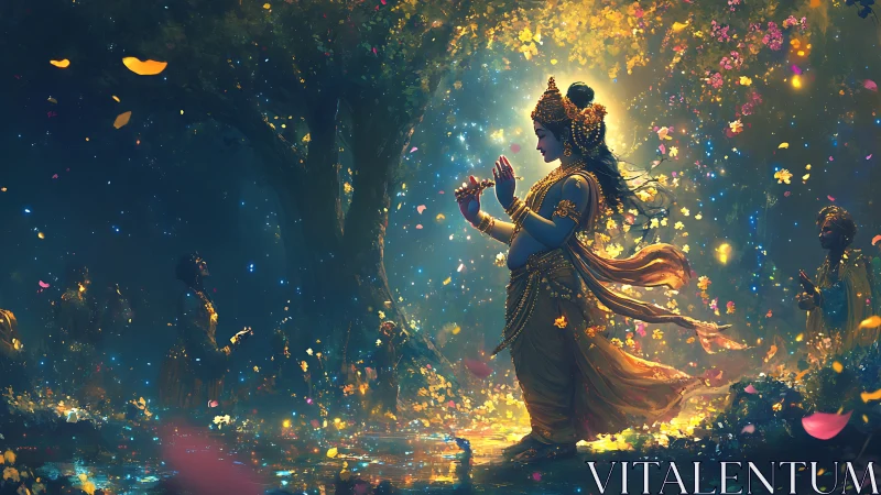 Divine figure playing flute amid illuminated forest scene.