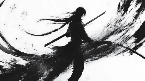 Dynamic ink-silhouette swordsman rendered in gestural monochrome motion