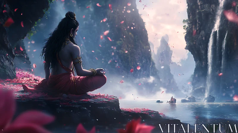 Meditating deity amid petal-stormed cliffs and quiet waterfalls.