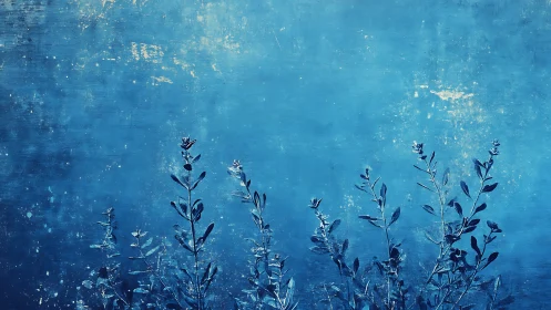 Blue tonal botanical silhouettes against textured abstract field