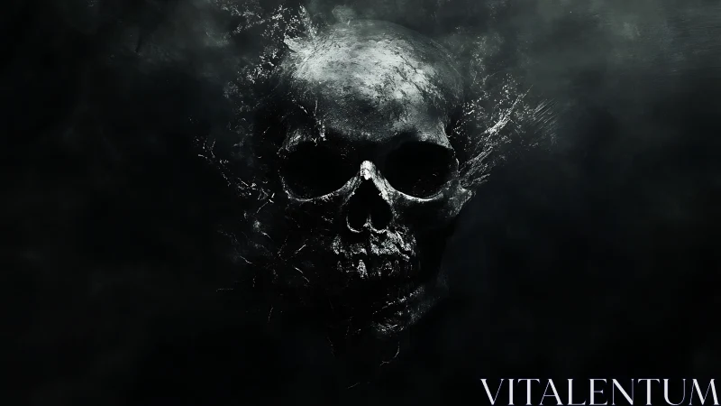 High-contrast fractured skull emerging from turbulent dark mist