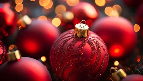 Red Christmas ornaments in shallow-focus festive bokeh lighting