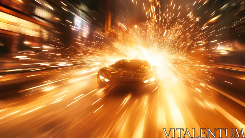 Sports car races through city street in fiery explosion.