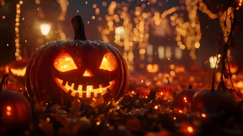 Glowing jack-o&rsquo;-lantern smiles amid sparkling Halloween lights.