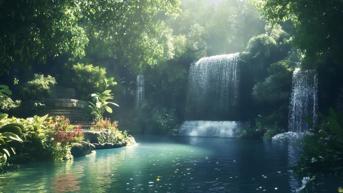 Layered waterfalls illuminate a lush tropical pool with volumetric light
