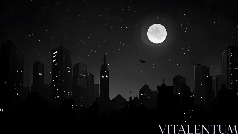 Moonlit city skyline rests under a star-filled midnight sky
