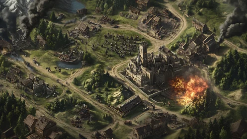 Medieval valley under siege, burning keep at war&rsquo;s heart.