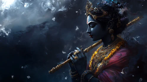 Divine blue-hued figure in jeweled attire plays golden flute