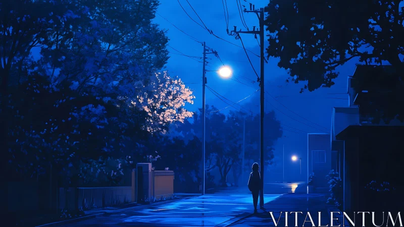 Blue midnight avenue quietly cradles a lone daydreamer