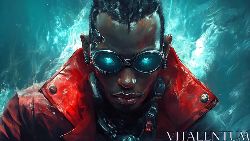 Stormlit cyber renegade in crimson coat and neon haze.