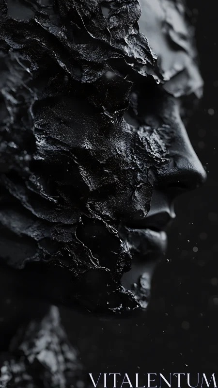 Fragmented black human face sculpture rendered in profile