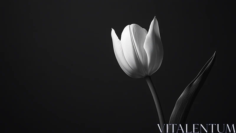 Black and white tulip close-up on dark minimalist background.